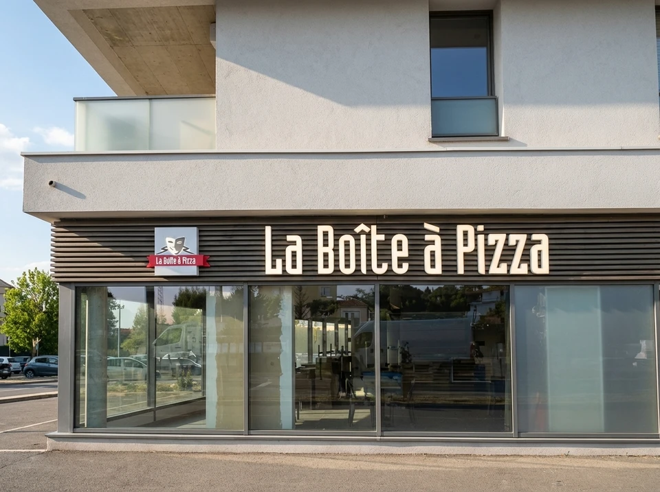 Atelier d'impression industrielle avec opérateur en polo noir supervisant une imprimante grand format